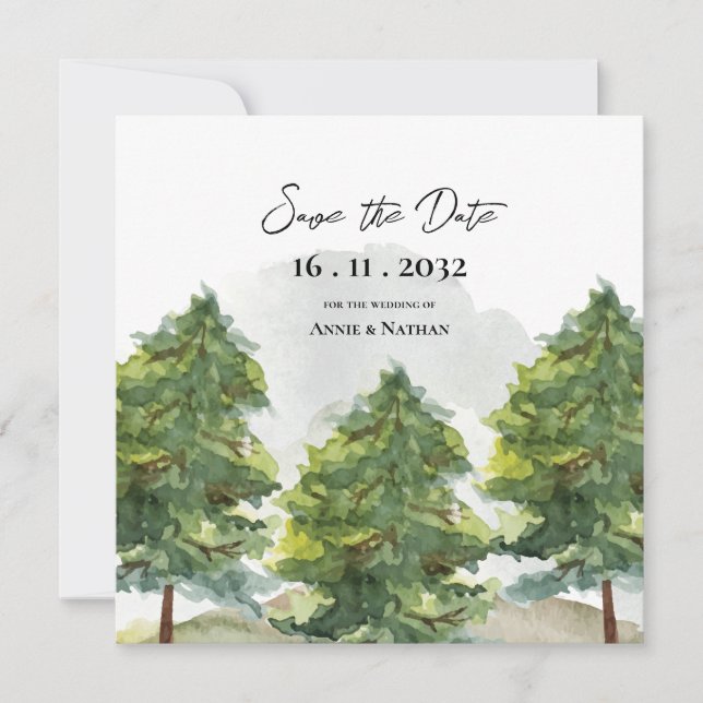 Pretty Watercolor Trees Landscape Monogram Wedding Announcement (Front)