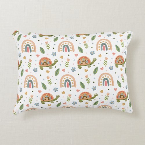 Pretty Watercolor Turtle and Rainbow Pattern Accent Pillow
