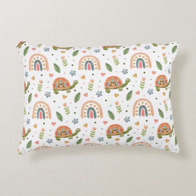 Pretty Watercolor Turtle and Rainbow Pattern Accent Pillow (Front)