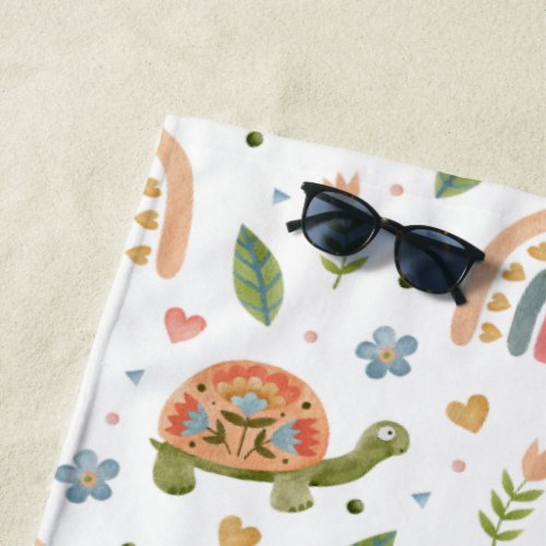 Pretty Watercolor Turtle and Rainbow Pattern Beach Towel