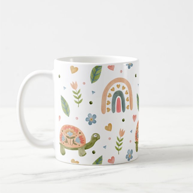 Pretty Watercolor Turtle and Rainbow Pattern Coffee Mug (Left)