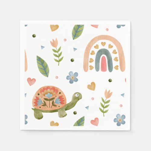 Pretty Watercolor Turtle and Rainbow Pattern Napkins