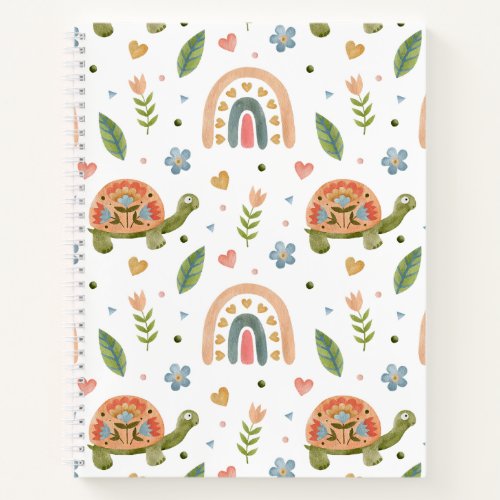 Pretty Watercolor Turtle and Rainbow Pattern Notebook