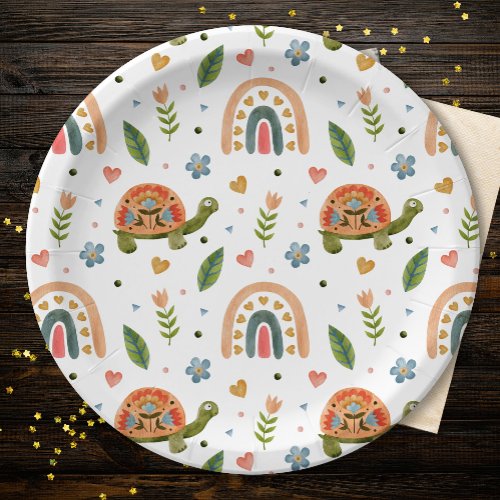 Pretty Watercolor Turtle and Rainbow Pattern Paper Plates