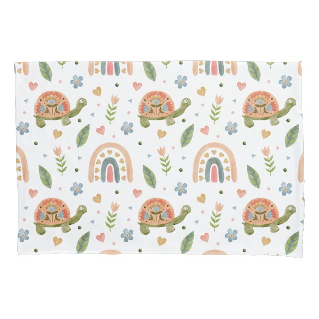 Pretty Watercolor Turtle and Rainbow Pattern Pillow Case (Front)