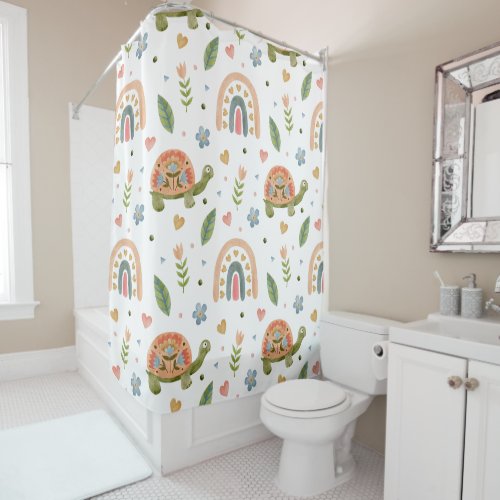 Pretty Watercolor Turtle and Rainbow Pattern Shower Curtain