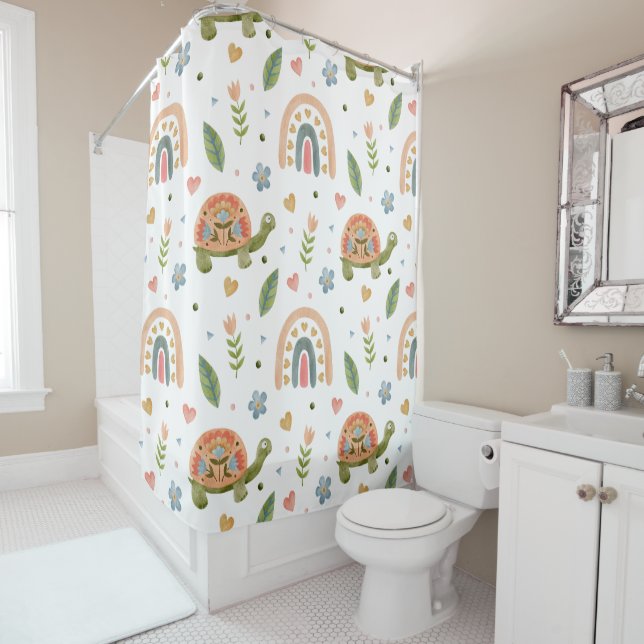 Pretty Watercolor Turtle and Rainbow Pattern Shower Curtain (In Situ)