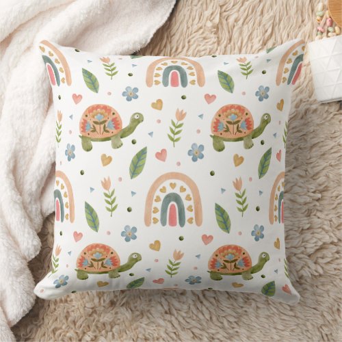 Pretty Watercolor Turtle and Rainbow Pattern Throw Pillow