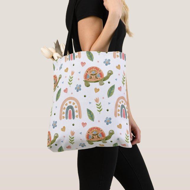 Pretty Watercolor Turtle and Rainbow Pattern Tote Bag (Close Up)