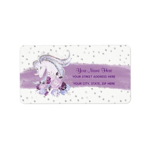 Pretty Watercolor Unicorn Purple  Silver Accents Label
