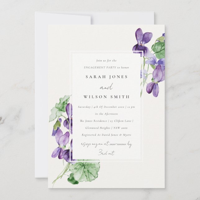 Pretty Watercolor Violet Floral Bunch Engagement Invitation (Front)