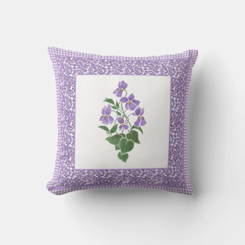 Pretty Watercolor Violets and Check Gingham Border Throw Pillow