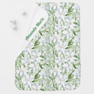 Pretty Watercolor White Flowers Personalized Baby Blanket
