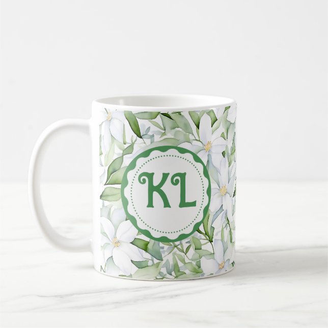 Pretty Watercolor White Flowers Personalized Coffee Mug (Left)