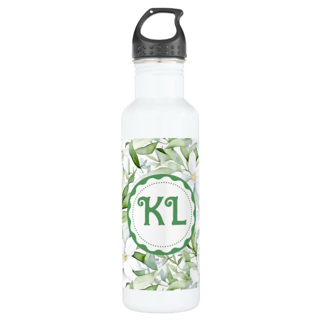 Pretty Watercolor White Flowers Personalized Stainless Steel Water Bottle (Front)