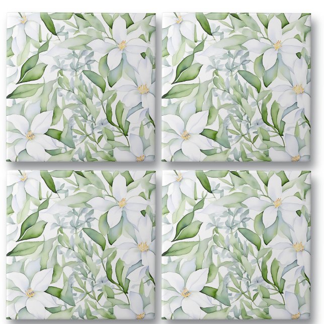 Pretty Watercolor White Flowers Sage Green Foliage Ceramic Tile (Creator Uploaded)