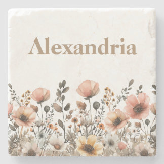 Pretty Watercolor Wildflower Neutral and Pink Stone Coaster