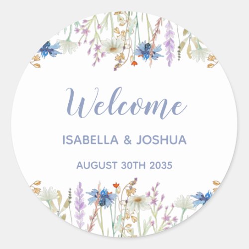 Pretty  Watercolor Wildflower Wedding Welcome  Classic Round Sticker