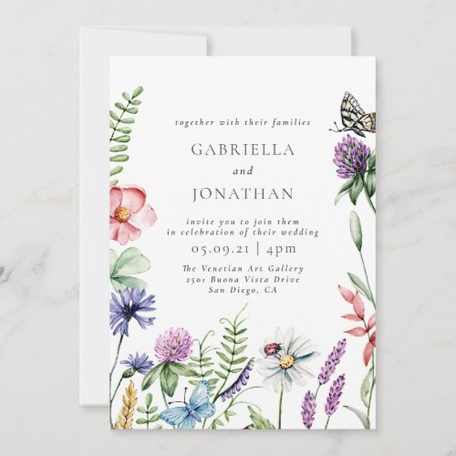 Pretty Watercolor Wildflower Wreath Wedding Invitation