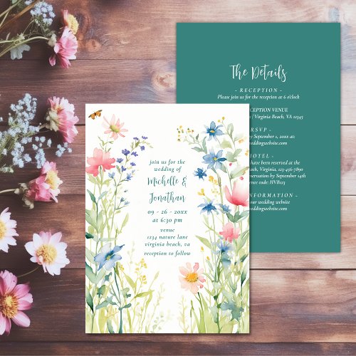Pretty Watercolor Wildflowers All in One Wedding Invitation
