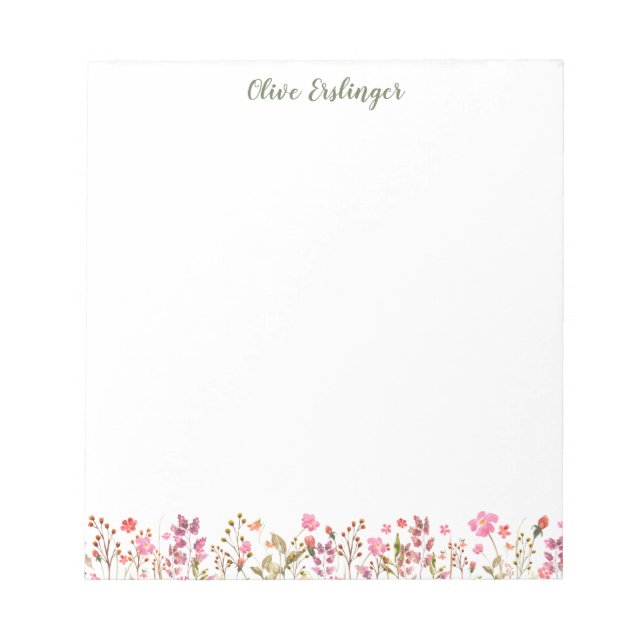 Pretty Watercolor Wildflowers Border Personalized Notepad (Front)