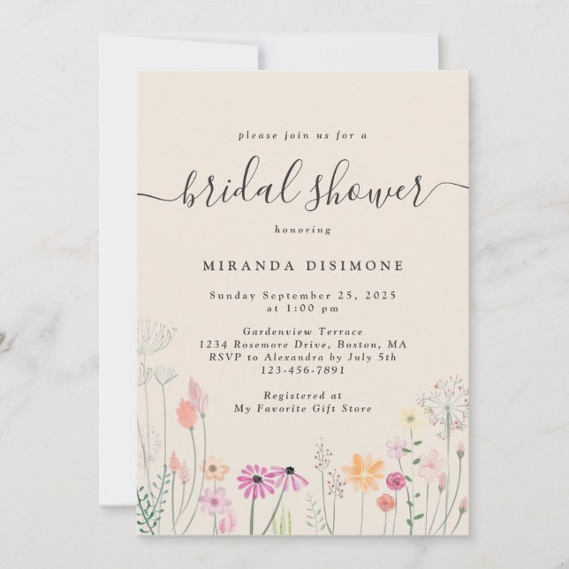 Pretty Watercolor Wildflowers Bridal Shower Invitation (Front)
