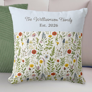 Pretty Watercolor Wildflowers Floral Pattern Throw Pillow
