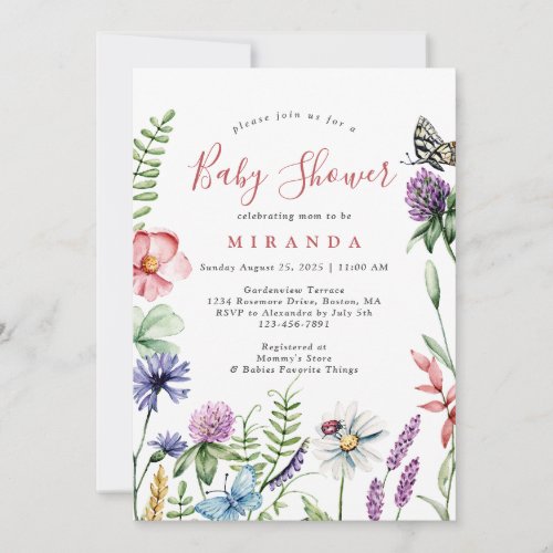Pretty Watercolor Wildflowers Frame Baby Shower Invitation