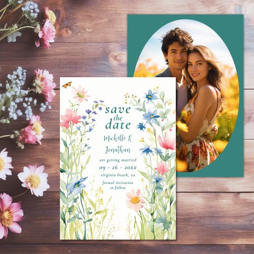 Pretty Watercolor Wildflowers Garden Photo Wedding Save The Date