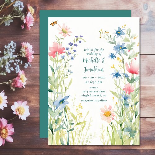 Pretty Watercolor Wildflowers Garden Wedding Invitation