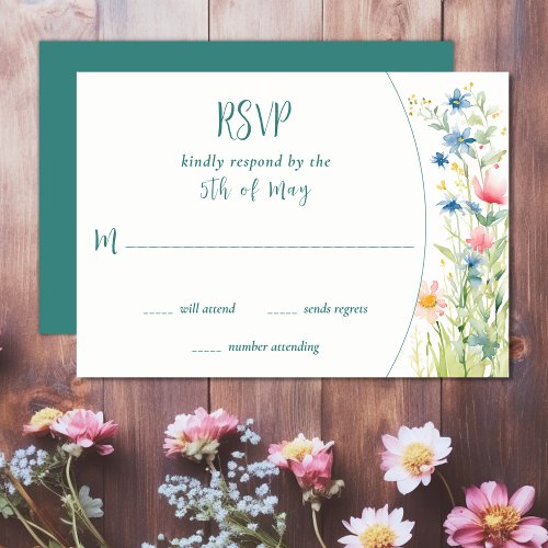 Pretty Watercolor Wildflowers Garden Wedding  RSVP Card
