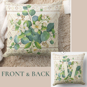 Pretty Watercolor Wildflowers Monogram Ivory Throw Pillow