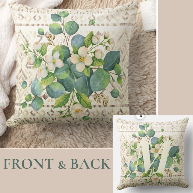 Pretty Watercolor Wildflowers Monogram Ivory Throw Pillow (Creator Uploaded)
