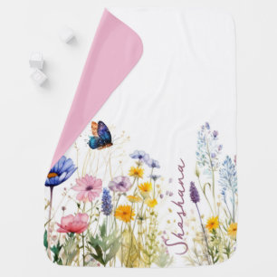 Pretty Watercolor Wildflowers Script Personalized Baby Blanket