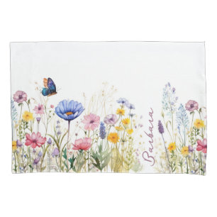 Pretty Watercolor Wildflowers Script Personalized Pillow Case