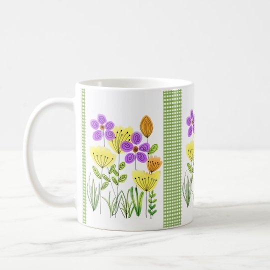 Pretty Watercolor Wildflowers With Green Gingham Coffee Mug