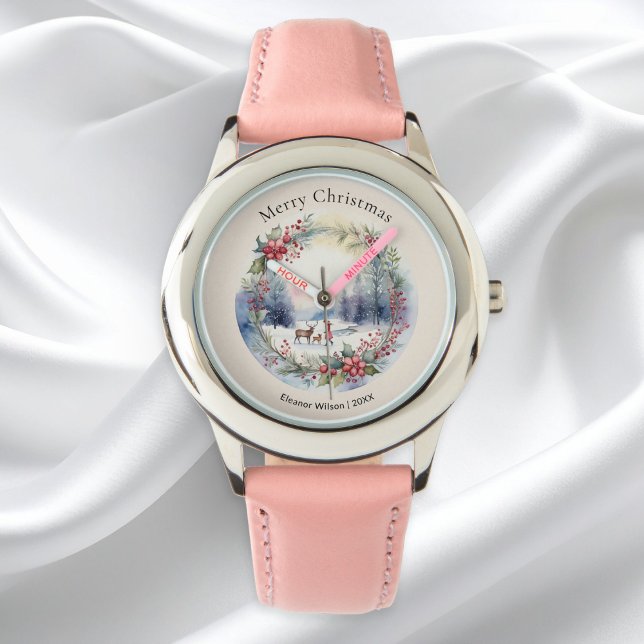Pretty Watercolor Winter Snow Scene Personalized Watch (A personalized watch with 'Merry Christmas’ greeting and a pretty snow scene in a watercolor style)