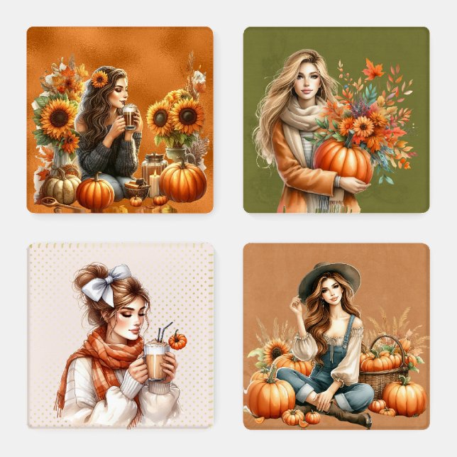 PRETTY WATERCOLOR WOMAN WITH FALL PUMPKINS COASTER SET (Set)