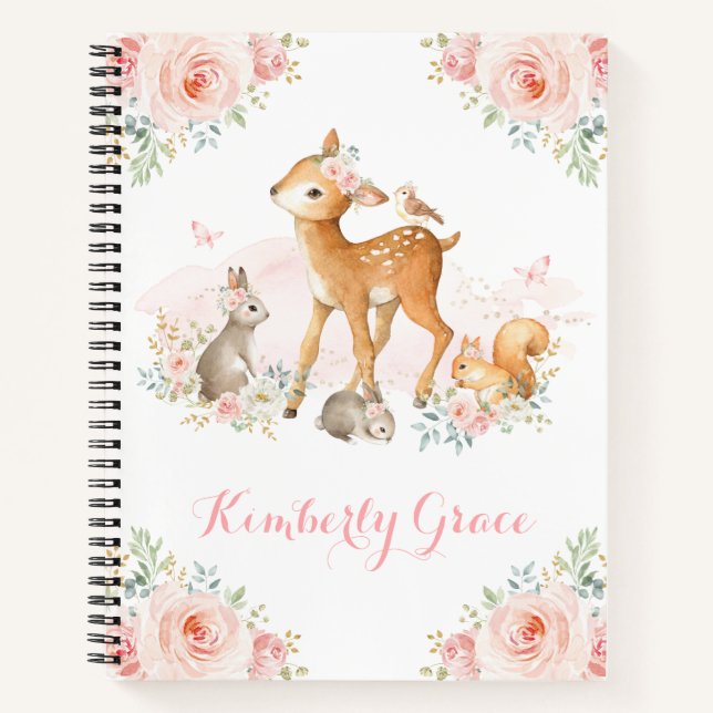 Pretty Watercolor Woodland Animals / Blush Floral Notebook (Front)