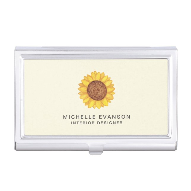 Pretty Watercolor Yellow Sunflower Logo Business Card Case (Front)