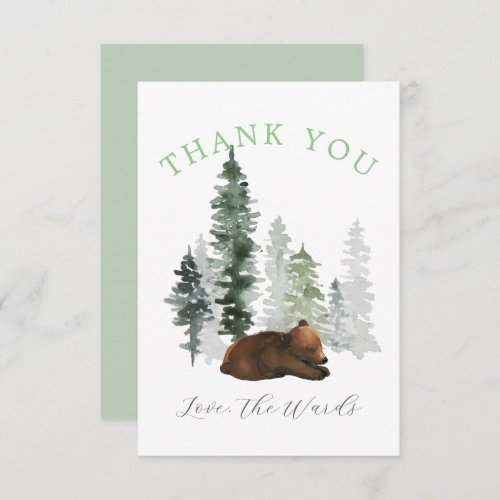 Pretty Watercolored Forest Baby Bear Thank You Card