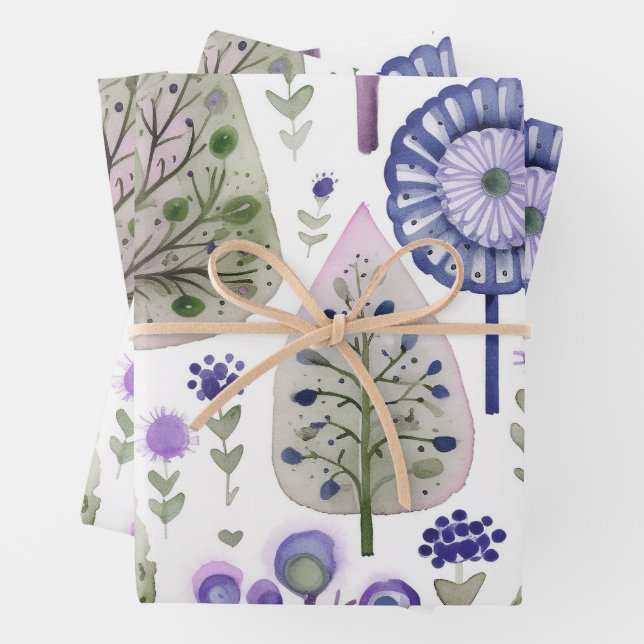 Pretty Watercolour Christmas Tree Green Purple Wrapping Paper Sheets (In situ)