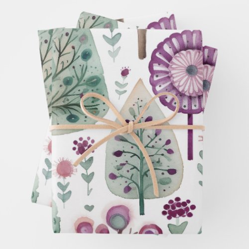 Pretty Watercolour Christmas Tree  Pink  Green  Wrapping Paper Sheets