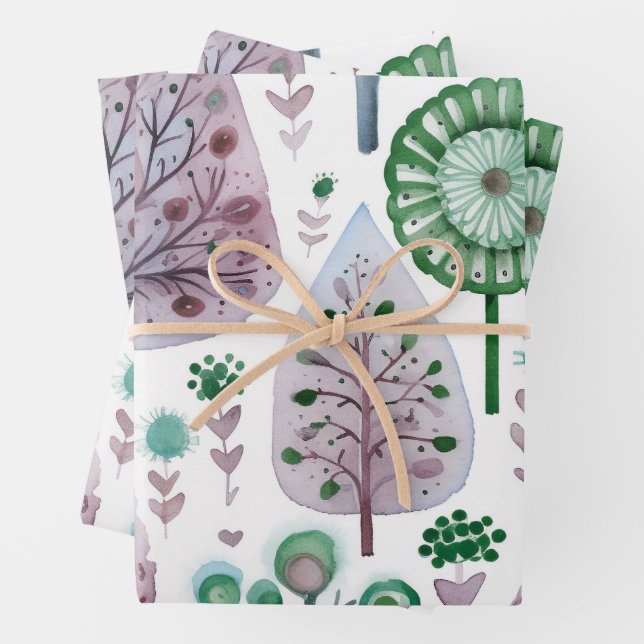 Pretty Watercolour Christmas Tree  Purple Green  Wrapping Paper Sheets (In situ)