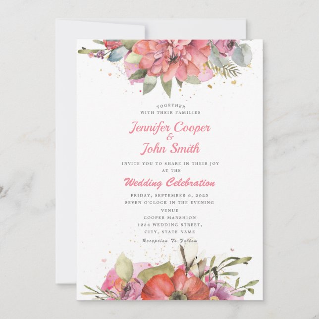 Pretty Watercolour Pink Red Floral Wedding Invitation (Front)