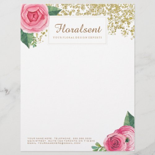 Pretty Watercolour Roses and Glitter Letterhead