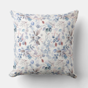 Pretty Watercolour Winter Blue Floral Throw Pillow