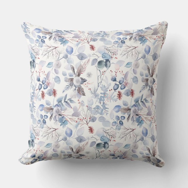 Pretty Watercolour Winter Blue Floral  Throw Pillow (Front)