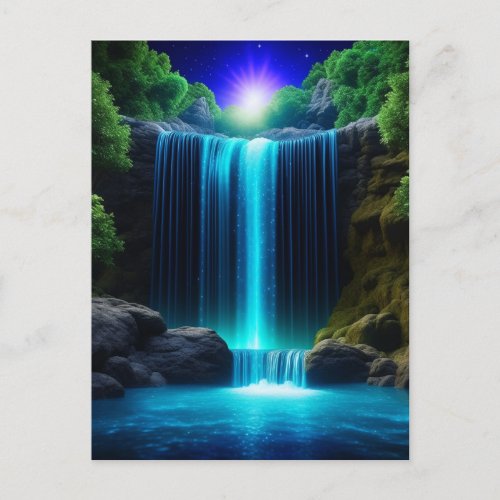 Pretty Waterfall at Night Mystical Postcard