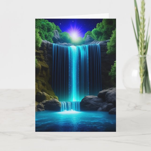 Pretty Waterfall at Night Peaceful Birthday Card (Front)